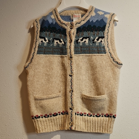 Orvis Sweaters - Vintage Orvis 100% Shetland Wool Button Down Vest Cows Pasture Farm Scene Sz M